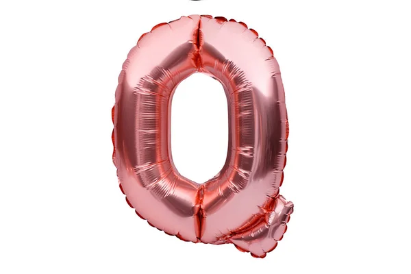 字母Q由玫瑰金充气氦气气球制成,与白色隔离.金粉箔气球字型部分全大写字母组大写字母. — 图库照片