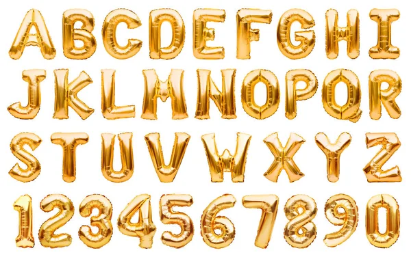 Engels alfabet en cijfers gemaakt van gouden opblaasbare helium ballonnen geïsoleerd op wit. Gouden folie ballon lettertype, volledige alfabet set van hoofdletters en cijfers. — Stockfoto