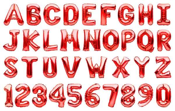 Englisches Alphabet und Zahlen aus rotem aufblasbarem Heliumballo — Stockfoto