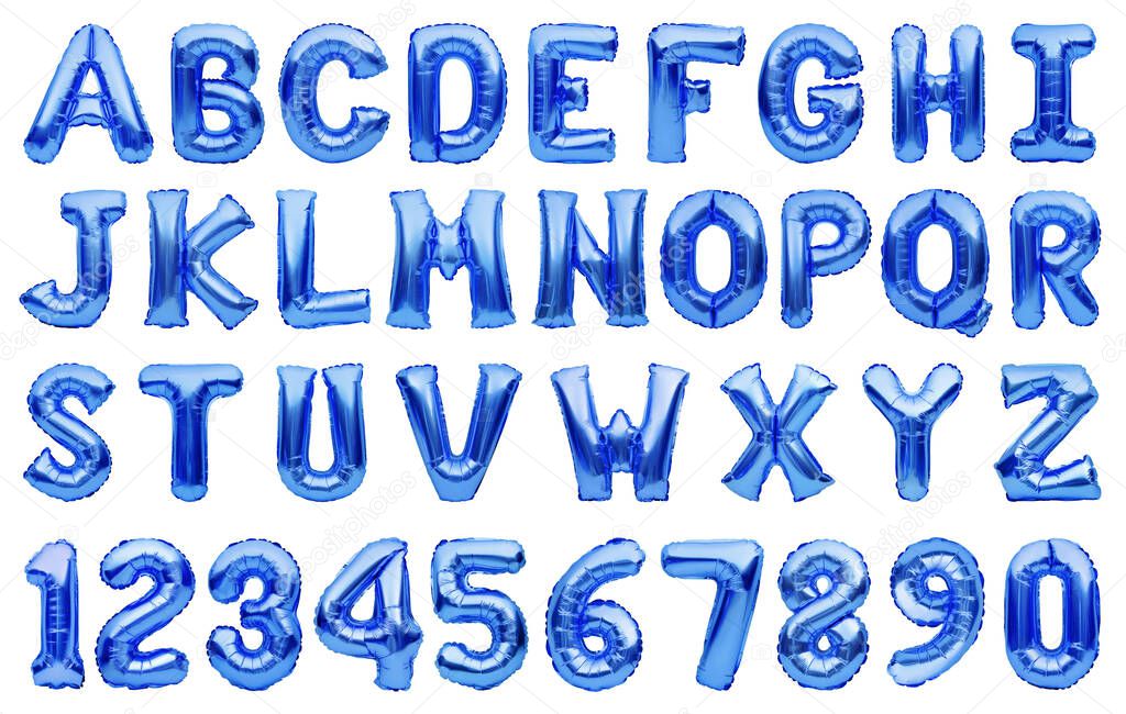 English alphabet and numbers made of blue inflatable helium balloons isolated. Foil balloon font colored in classic blue color of the year 2020, full alphabet set of upper case letters and numbers.