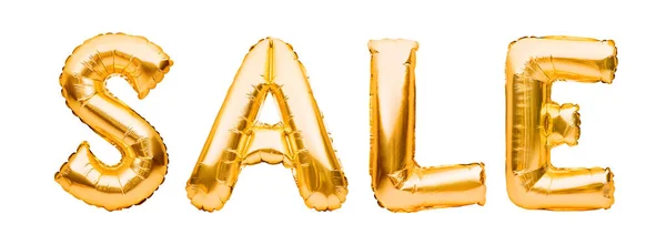 Word Försäljning gjord av gyllene uppblåsbara ballonger isolerade på vit bakgrund. Heliumballonger guld folie bildar ordet försäljning. Rabatt och reklam — Stockfoto