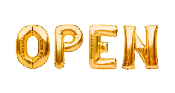 Word OPEN made of golden inflatable balloons isolated on white background. Helium balloons gold foil forming word open. Startup, grand opening celebration. Business beginnings event concept. — Stock Photo, Image