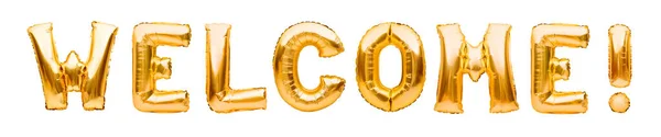 Word WELCOME made of golden inflatable balloons isolated on white background. Helium balloons gold foil forming welcoming sign — Stock Photo, Image