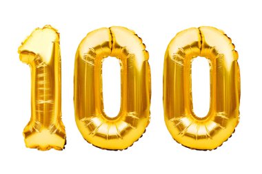 100 numara, beyazın üzerinde izole edilmiş altın şişirilebilir balonlardan yapılmış. Helyum balonları, altın folyo numaraları. Parti dekorasyonu, bayram yıldönümü tabelası, kutlama, doğum günü, karnaval