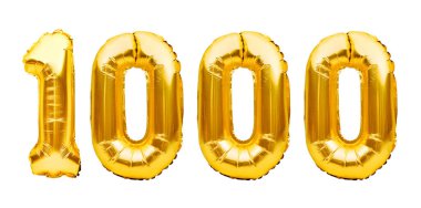 Beyaz üzerinde izole edilmiş altın şişirilebilir balonlardan 1000 numara. Helyum balonları, altın folyo numaraları. Parti dekorasyonu, 1000 abone veya takipçi ve beğeni