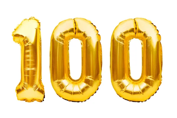 Numer 100, sto złotych balonów, odizolowanych na biało. Balony z helem, złote numery folii. Dekoracje imprezowe, znak rocznicy świąt, uroczystości, urodziny, karnawał — Zdjęcie stockowe