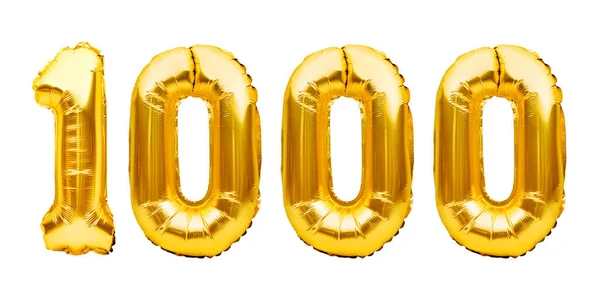 Number 1000 one thousand made of golden inflatable balloons isolated on white. Helium balloons, gold foil numbers. Party decoration, 1000 subscribers or followers and likes — 스톡 사진