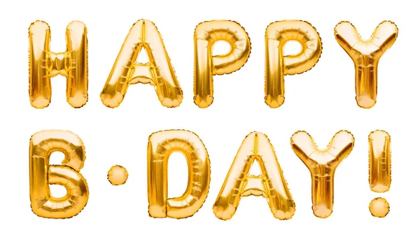 Words HAPPY B-DAY made of golden inflatable balloons isolated on white background. Gold foil helium balloons forming phrase. Birthday congratulations concept, HBD phrase, happy birthday wishes — Stock Photo, Image