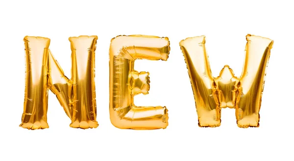 Word NEW made of golden inflatable balloons isolated on white background. Helium balloons gold foil forming word new. Startup, grand opening celebration. Business beginnings event concept. — Stock Photo, Image