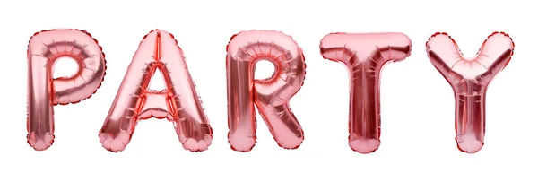 Pink golden word PARTY made of inflatable balloons isolated on white background. Rose gold foil balloon letters. Celebration concept. — Stok fotoğraf