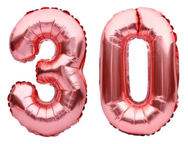 Number 30 thirty made of rose golden inflatable balloons isolated on white. Helium balloons, pink foil numbers. Party decoration, anniversary sign for holidays, celebration, birthday, carnival