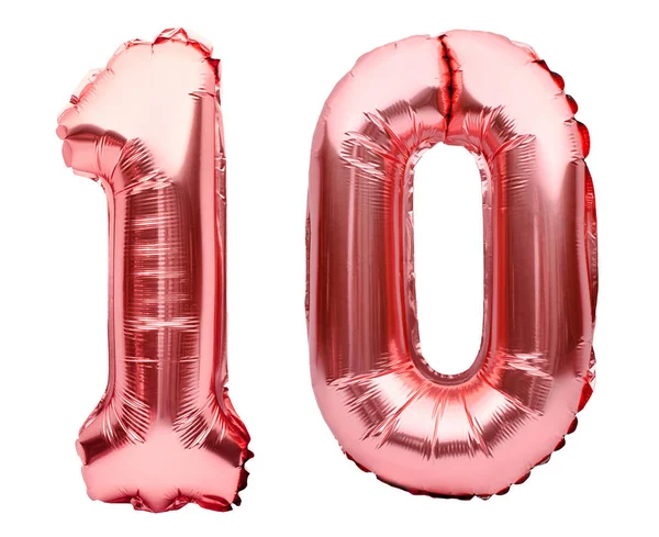 Número 10 diez hecha de globos inflables de oro rosa aislados en blanco. Globos de helio, números de lámina rosa. Decoración de la fiesta, signo de aniversario para las fiestas, celebración, cumpleaños, carnaval — Foto de Stock