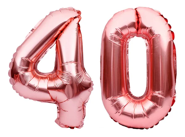 Numero 40 quaranta fatta di palloncini gonfiabili d'oro rosa isolati su bianco. Palloncini di elio, numeri di fogli rosa. Decorazione del partito, segno di anniversario per le vacanze, celebrazione, compleanno, carnevale — Foto Stock