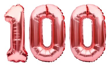 Number 100 one hundred made of rose golden inflatable balloons isolated on white. Helium balloons, pink foil numbers. Party decoration, anniversary sign for holidays, celebration, birthday, carnival