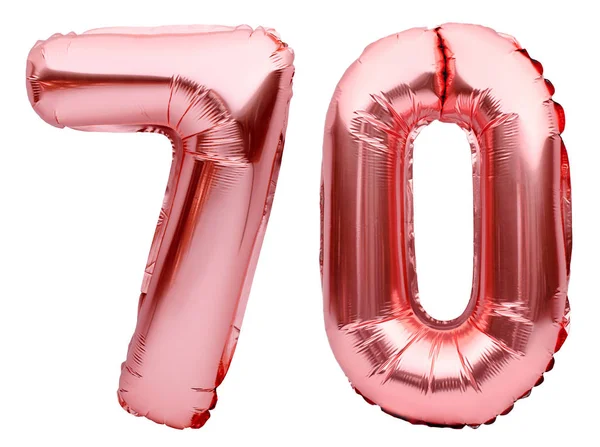 Číslo 70 sedmdesát z růžových nafukovacích balónků izolovaných na bílém. Heliové balónky, čísla růžové fólie. Party dekorace, výroční znamení pro svátky, oslavy, narozeniny, karneval — Stock fotografie