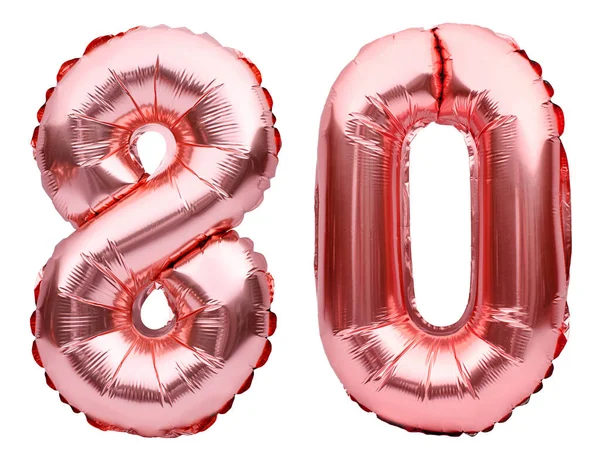 Número 80 oitenta feitos de balões infláveis de ouro rosa isolados em branco. Balões de hélio, números de folha rosa. Decoração de festa, sinal de aniversário para feriados, celebração, aniversário, carnaval — Fotografia de Stock