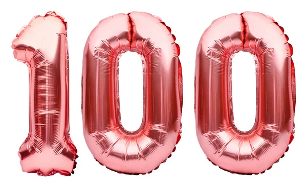Número 100 cien hecha de globos inflables de oro rosa aislados en blanco. Globos de helio, números de lámina rosa. Decoración de la fiesta, signo de aniversario para las fiestas, celebración, cumpleaños, carnaval — Foto de Stock