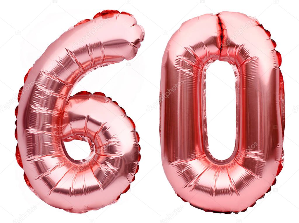Number 60 sixty made of rose golden inflatable balloons isolated on white. Helium balloons, pink foil numbers. Party decoration, anniversary sign for holidays, celebration, birthday, carnival