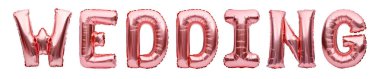 Pink golden word WEDDING made of inflatable balloons isolated on white background. Rose gold foil balloon letters, concept of love and romance, wedding decor.