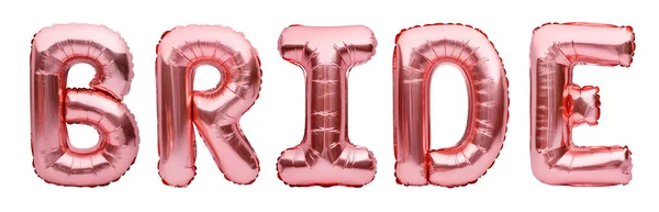 Rosa goldene Wort Braut aus aufblasbaren Luftballons auf weißem Hintergrund isoliert. Hochzeitsdekor. Roségold-Folie Luftballonbuchstaben, Konzept der Liebe und Romantik. — Stockfoto