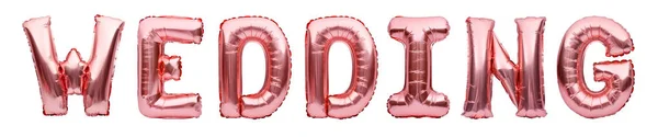 Rosa goldene Wort Hochzeit aus aufblasbaren Luftballons isoliert auf weißem Hintergrund. Roségold-Folie Ballonbuchstaben, Konzept der Liebe und Romantik, Hochzeitsdekor. — Stockfoto