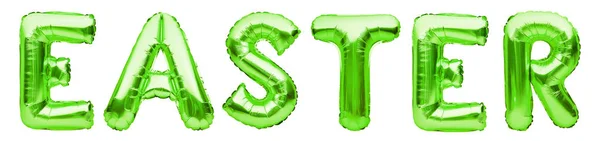 Word EASTER made of green inflatable balloons isolated on white background. Helium foil balloons forming word easter. Happy Easter concept, great spring Christian holiday, celebrating decoration. — Stock Photo, Image