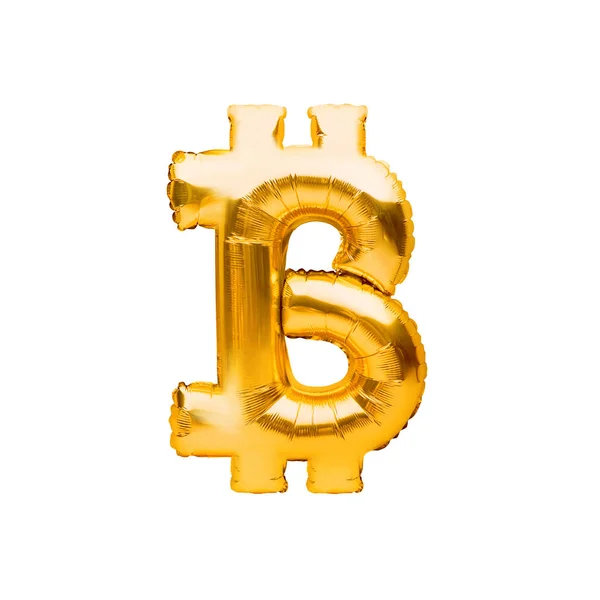 Symbol zlaté bitcoinové měny z nafukovacího balónu. Znak zlaté fólie. Šifrovací měna Zlatý Bitcoin, BTC, Bitcoin. Blockchain technology, bitcoin mining concept. — Stock fotografie