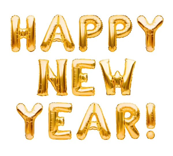 Joyeux Nouvel An phrase faite de ballons gonflables dorés isolés sur blanc. Ballons d'hélium formant Bonne année félicitations, décoration de célébration de feuille . — Photo