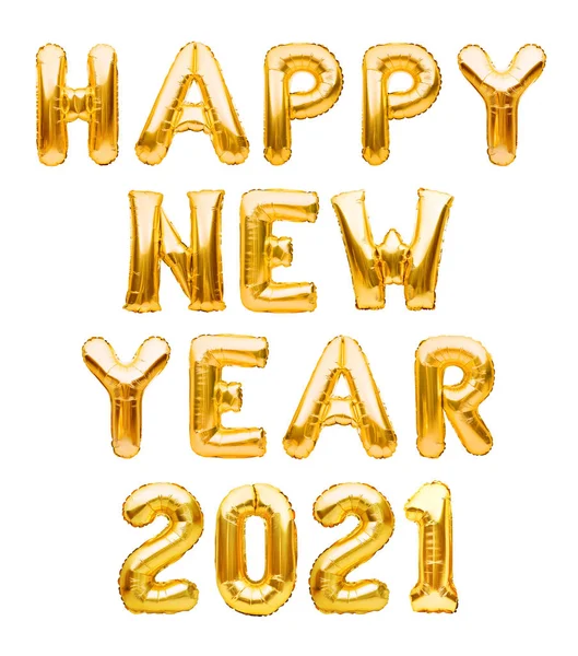 Feliz Año Nuevo 2021 frase hecha de globos inflables dorados aislados en blanco. Globos de helio formando Feliz Año Nuevo 2021 felicitación, decoración de celebración de lámina . —  Fotos de Stock