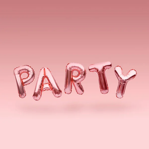 Pinkgoldenes Wort PARTY aus aufblasbaren Luftballons, die auf rosa Hintergrund schweben. Roségold-Folie Luftballon Buchstaben. Festkonzept. — Stockfoto