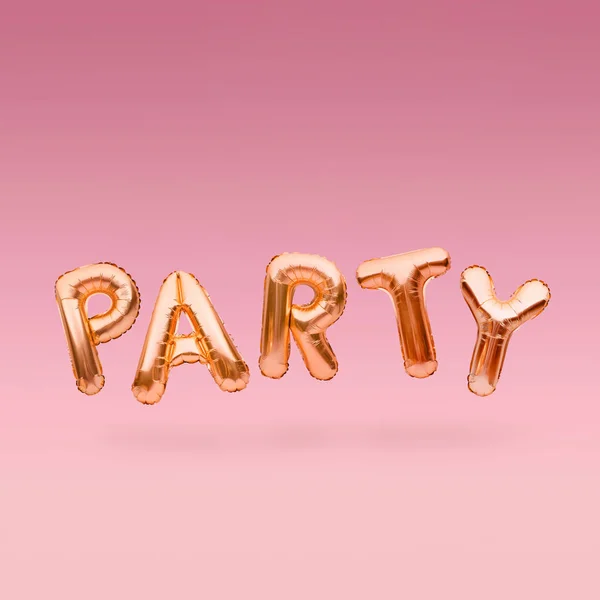 Gyllene ord PARTY gjord av uppblåsbara ballonger flyter på rosa bakgrund. Guldfolieballongbokstäver. Firande koncept. — Stockfoto