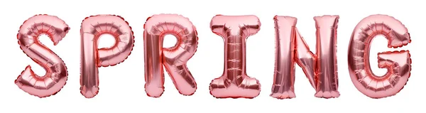 Pink golden word SPRING made of inflatable balloons isolated on white background. Rose gold foil balloon letters, party decorations. — Stock Photo, Image