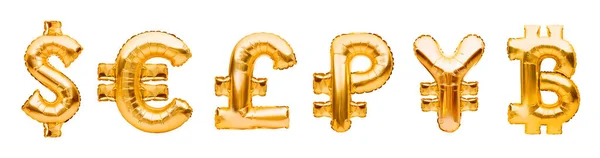 Symbole Pieniężne Złotych Balonów Dolar Euro Funt Rubel Jen Bitcoin — Zdjęcie stockowe