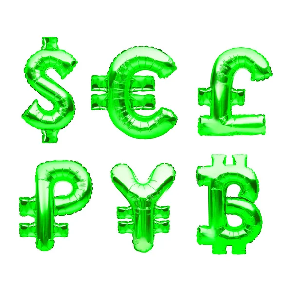 Money Symbols Made Green Balloons Dollar Euro Pound Ruble Yen — Stock Photo, Image