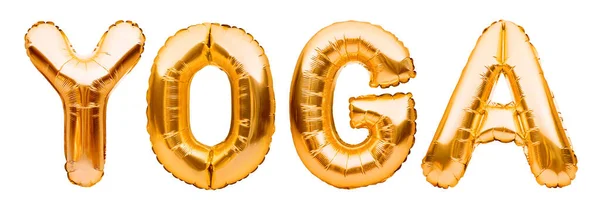 Word Yoga Made Golden Inflatable Balloons Isolated White Background Helium — Stock Photo, Image