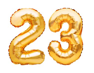 Number 23 twenty three made of golden inflatable balloons isolated on white. Helium balloons, gold foil numbers. Party decoration, anniversary sign for holidays, celebration, birthday, carnival. clipart