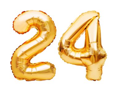 24 numara. Beyaz üzerine izole edilmiş altın şişirilebilir balonlardan yapılmış 24 numara. Helyum balonları, altın folyo numaraları. Parti dekorasyonu, bayram yıldönümü tabelası, kutlama, doğum günü, karnaval.