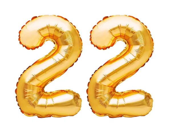 Numer Dwadzieścia Dwa Wykonane Złotych Balonów Odizolowanych Biało Balony Helem — Zdjęcie stockowe