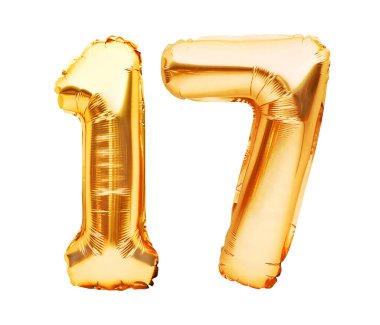 Number 17 seventeen made of golden inflatable balloons isolated on white. Helium balloons, gold foil numbers. Party decoration, anniversary sign for holidays, celebration, birthday, carnival. clipart