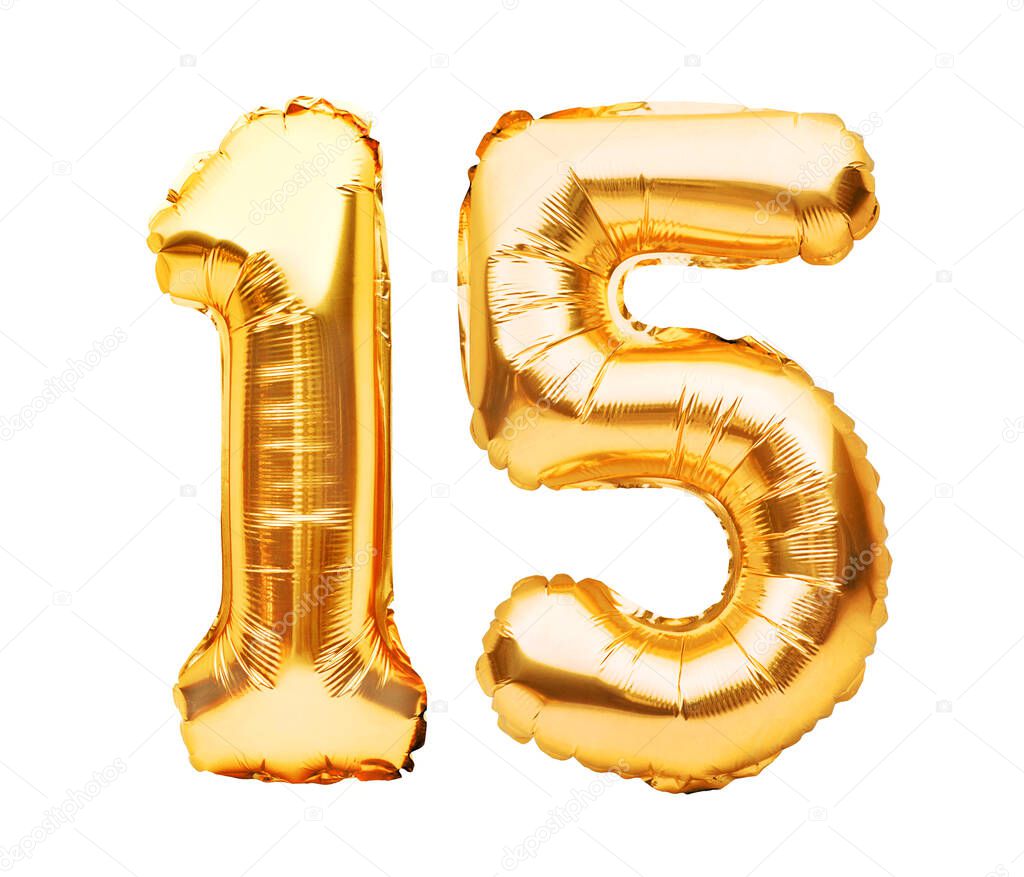 Number 15 fifteen made of golden inflatable balloons isolated on white. Helium balloons, gold foil numbers. Party decoration, anniversary sign for holidays, celebration, birthday, carnival.