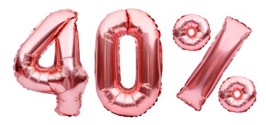 Beyaz üzerinde izole edilmiş şişme balonlardan yapılmış gül sarısı% 40 işareti. Helyum balonları, pembe folyo numaraları. İndirimli dekorasyon, Kara Cuma, indirimli konsept. Yüzde 40 indirim, reklam mesajı.