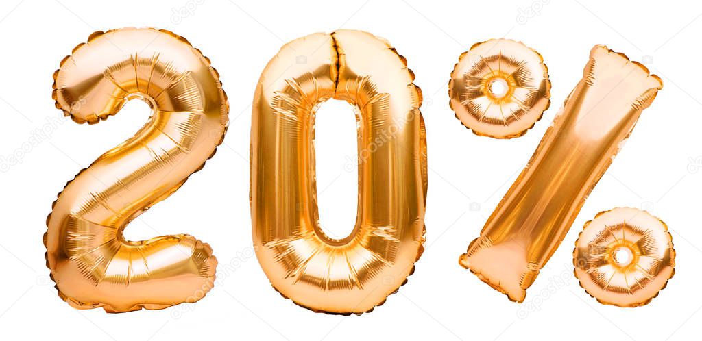 Golden twenty percent sign made of inflatable balloons isolated on white. Helium balloons, gold foil numbers. Sale decoration, black friday, discount concept. 20 percent off, advertisement message