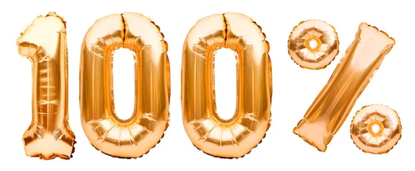 Golden one hundred percent sign made of inflatable balloons isolated on white. Helium balloons, gold foil numbers. Sale decoration, black friday, discount. 100 percent real, original product.