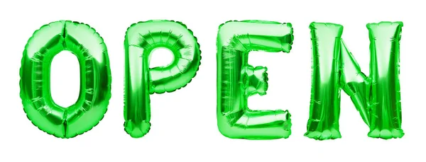 Woord Open Gemaakt Van Groene Opblaasbare Ballonnen Geïsoleerd Witte Achtergrond — Stockfoto