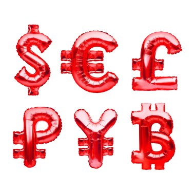Kırmızı balonlardan yapılmış para sembolleri. Dolar, avro, pound, ruble, yen ve bitcoin. Dünyanın en büyük para birimleri, şişirilebilir folyodan yapılmış döviz sembolleri. Yatırım ve bankacılık kavramı.
