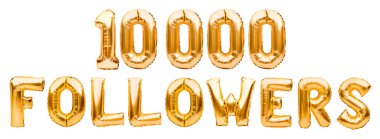 Beyaz arka planda izole edilmiş altın şişirilebilir balonlardan oluşan kelime takipçileri. Helyum altın folyo balonları ile kelime takipçileri oluşturur. Sosyal medya, iletişim konsepti
