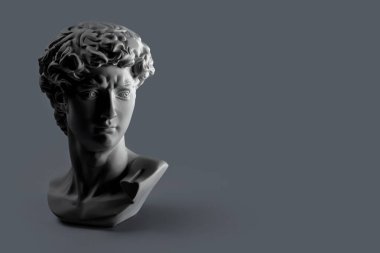 David 'in kafasının alçıtaşı heykeli. Michelangelo 'nun David heykeli alçıdan yapılmış koyu gri arkaplan ve metin için telif alanı var. Antik Yunan heykeli, kahraman heykeli.