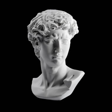 David 'in kafasının alçıtaşı heykeli. Michelangelo 'nun David heykelinin alçı kopyası siyah arka planda izole edilmiş. Antik Yunan heykeli, kahraman heykeli.