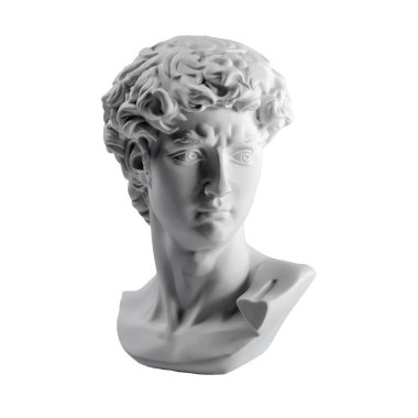 David 'in kafasının alçıtaşı heykeli. Michelangelo 'nun David heykeli beyaz arka planda izole edilmiş. Antik Yunan heykeli, kahraman heykeli.