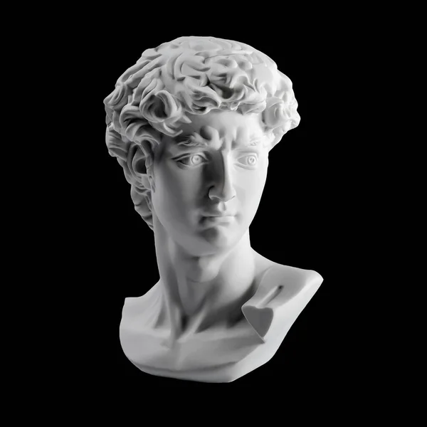 ダビデの頭の石膏像 ミケランジェロのダビデ像の石膏像は黒い背景に隔離されている 古代ギリシャ彫刻英雄像 — ストック写真